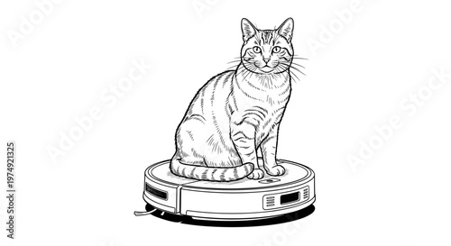 cat sitting on robotic vacuum cleaner, line art illustration, isolated

