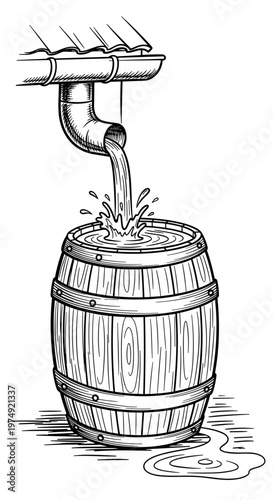 Water flowing from gutter into wooden barrel illustration
