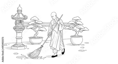 Buddhist monk sweeping courtyard with bonsai trees and lantern