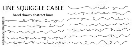 Squiggle, curvy, line set with an abstract and wavy long drawing, a continuous thin curve and cable for a spiral or knot background. Organic flow and a hand-drawn decoration element in a.