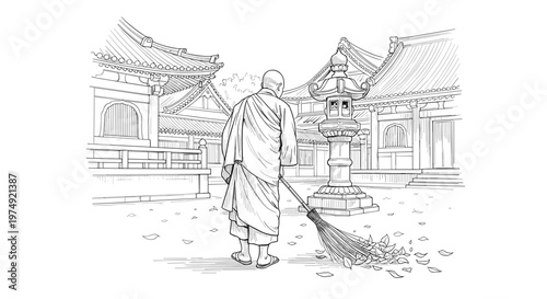 Buddhist monk sweeping temple courtyard with broom, traditional architecture