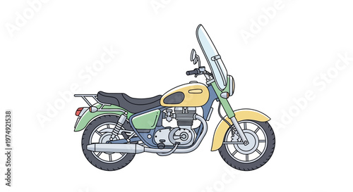 Colorful motorcycle with large windshield.