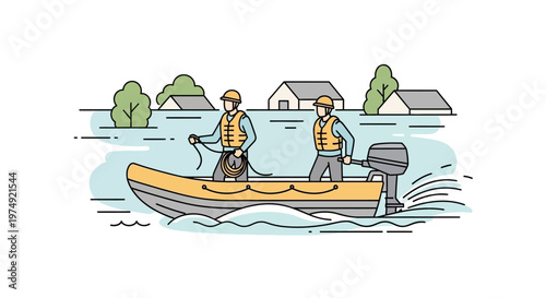 Two men wearing life jackets boat.