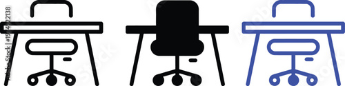 Three different types of office chairs and desks shown in a simple line drawing style