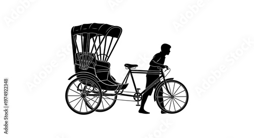 An isolated vintage bicycle silhouette and an empty antique rickshaw transport wheel are pictured against a white background as retro disability healthcare equipment