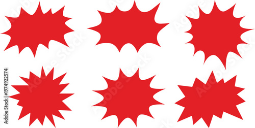 Set of red comic speech bubbles, starburst shapes, explosion blast elements for design, vector illustration