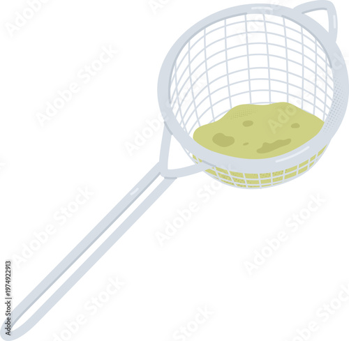 Strainer with Green Matcha Powder, hand drawn flat vector