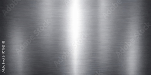 A polished stainless steel plate with a brushed metal texture creates a shiny silver metallic surface pattern on an industrial grey aluminum sheet material for a sleek reflection backdrop