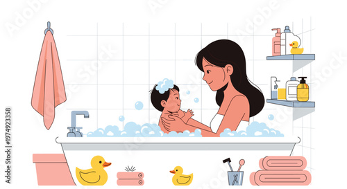 Caring mother giving her baby a bath in a tub filled with bubbles and yellow rubber duck toys for a fun routine.