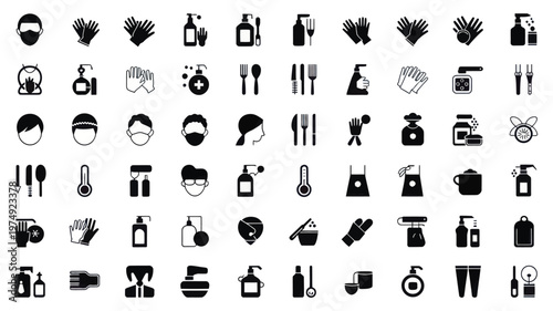 Set of 60 Black and White Hygiene and Sanitation Vector Icons
