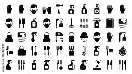 Set of 50 Black Glyph Restaurant Hygiene and Cleaning Icons Vector