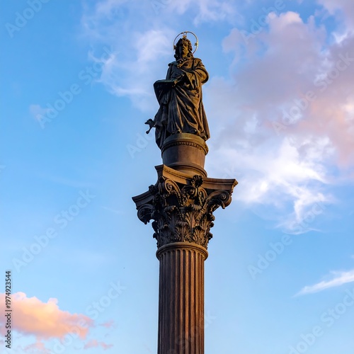 A tall, stone statue of a robed figure stands atop a decorated column against a dramatic, colorful sky