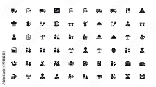 Set of 64 Black and White Restaurant and Food Service Icons Vector