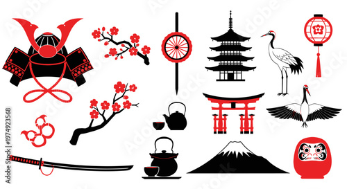 Collection of Japanese cultural symbols and icons.
