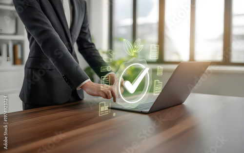 Photorealistic Businessman Touching Virtual Data Interface in Modern Office