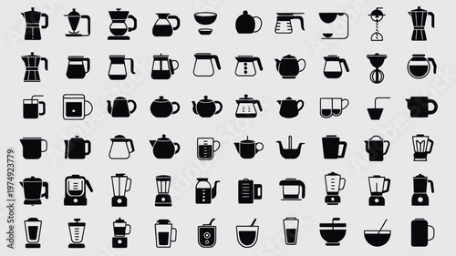 Set of 64 Black Coffee and Tea Pot Icons Vector
