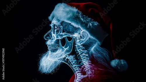 X-ray image of Santa Claus's head, showcasing the intricate details of the skull, facial bones, and jaw structure clearly.