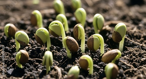 Small green sprouts emerging from dark soil in morning sunlight