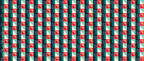 Abstract geometric pattern with red and teal isometric tiles. Modern vibrant background with rhythmic squares for creative design projects.