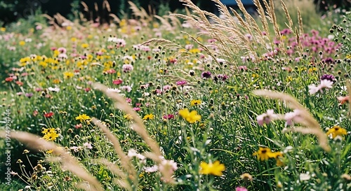 Vibrant wildflower meadow blooming in summer sun with tall grass stalks