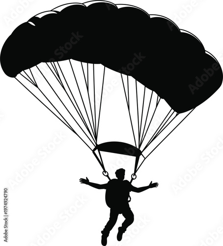 Parachuting skydiver silhouette, single person landing with canopy extreme sport isolated vector illustration design