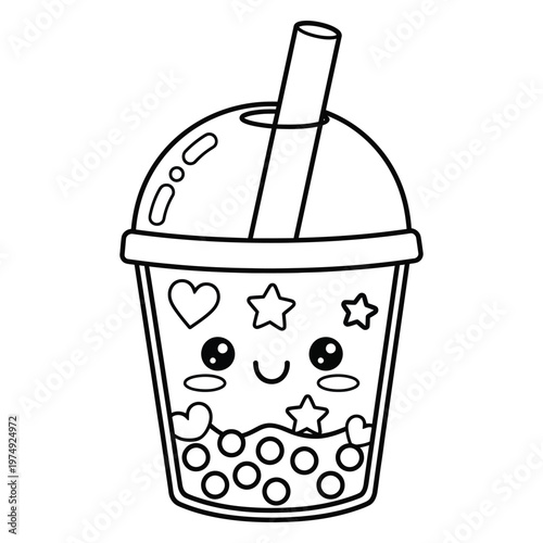 Cute kawaii boba tea cup with smiling face line art drawing for kids coloring