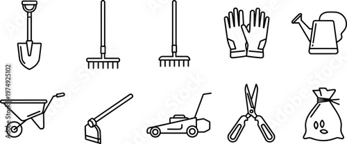 Garden tools and landscaping equipment minimalist line art icon set featuring shovel, rake, gloves, watering can, wheelbarrow, hoe, lawn mower, shears, and seed bag vector illustration.