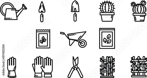 Garden tools and equipment minimalist line art icon set featuring watering can, shovel, cactus pots, seeds, wheelbarrow, gloves, pruners, and fence trellis isolated on white background 