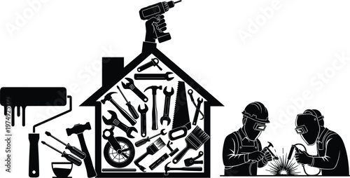 Home renovation and industrial repair service silhouettes featuring house icon with hand tools, power drill, paint roller, and professional welders working on construction project vector illustration.
