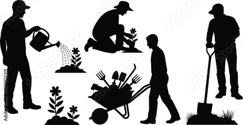 Professional gardener silhouettes set featuring workers watering plants, planting flowers, pushing wheelbarrow with tools, and digging soil for landscaping and 