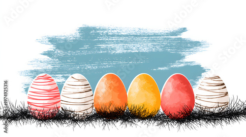 Watercolor Easter Eggs With Blue Brushstroke