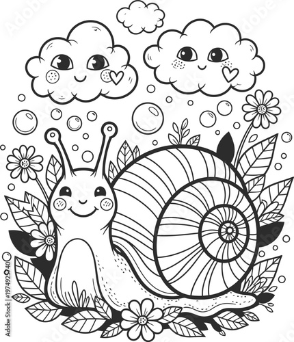 Title charming snail and smiling clouds a whimsical black and white illustration description a delightful hand drawn illustration features a smiling snail amidst