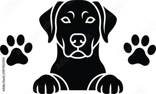 Dog face silhouette with paws, cute canine mascot vector illustration, pet logo design element, black animal icon, friendly puppy branding symbol template