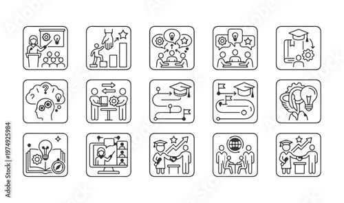 Set of professional education and career development thin line icons for business training and skills growth