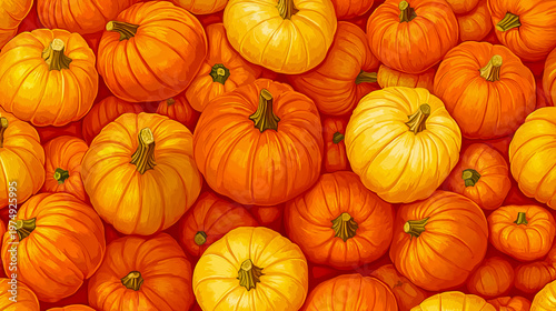 Seamless pattern featuring pumpkins of various sizes and shapes.