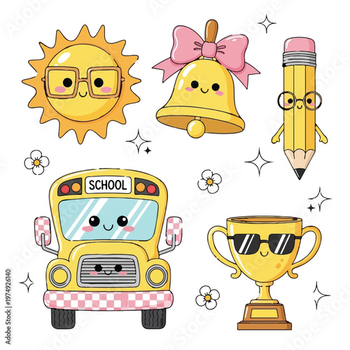 Kawaii School Bus Trophy Pencil Sun Bell Vector Elements