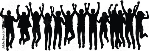 People celebrating silhouettes set, jumping crowd with raised hands, happy group vector illustration, party and success concept, black human figures for design use