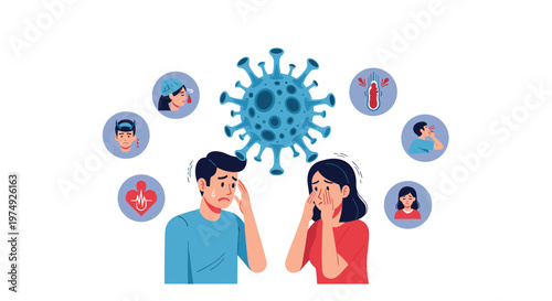 Distressed man and woman worry about their health as icons of various viral symptoms surround a large coronavirus molecule.