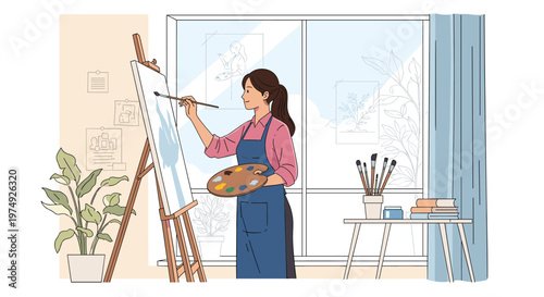Talented female artist wearing an apron paints on a large canvas in her bright and airy studio during the daytime hours.