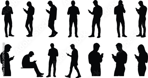 People using smartphones silhouettes set, modern human figures with mobile devices, black vector collection, social media communication concept, digital lifestyle characters for design