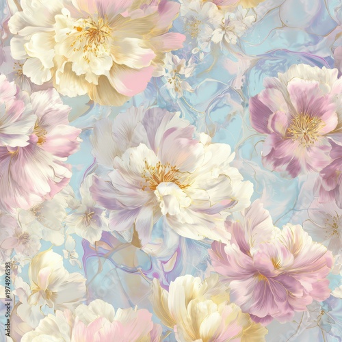 Delicate, dream seamless repeatable pattern featuring watercolor  peonies in blush blossoms, creamy butter-yellow and ivory background, subtle marble swirls in pale blue, pink and lavender