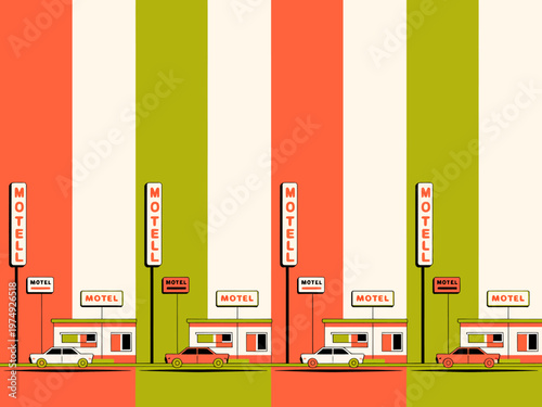 Retro colorful illustration of identical motels with cars parked outside  travel concept