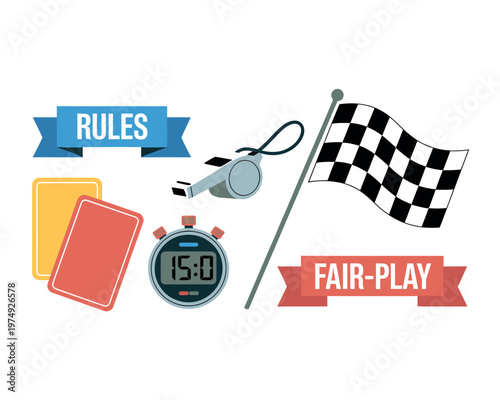 Sports icons with rules fair play flag whistle stopwatch cards