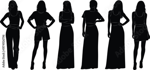 Women silhouettes set, standing female figures in different poses, fashion style vector illustration, elegant body shapes, black minimal characters for design and branding
