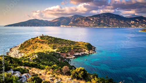 Scenic coastal view of a peninsula with a small building, mountains, and turquoise waters under a partly cloudy sky
