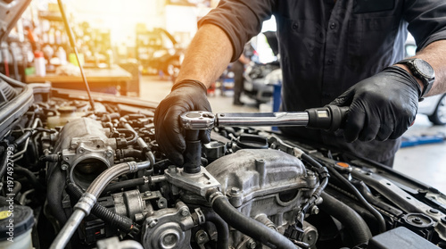 Mechanic repairing car engine with torque wrench in auto repair shop garage