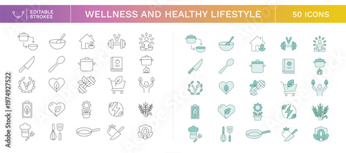 Healthy Cooking and Wellness Line Icons – Organic Food Preparation, Kitchen Tools, Fitness, Meditation and Eco Living Vector Set