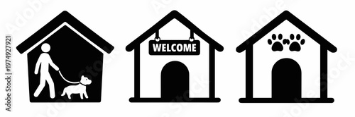 Set of dog house icons with walking service, welcome sign and paw print details in black vector style. Isolated on white background for pet hotel, daycare, boarding and kennel concepts.
