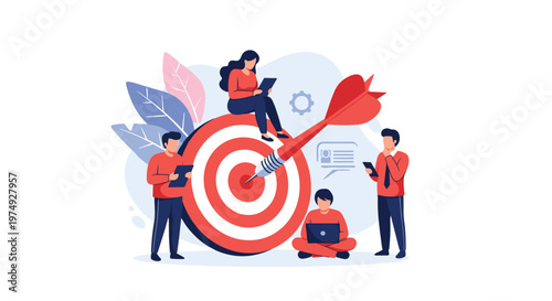 Group of business professionals work together to achieve their target goal represented by a large dartboard and dart.