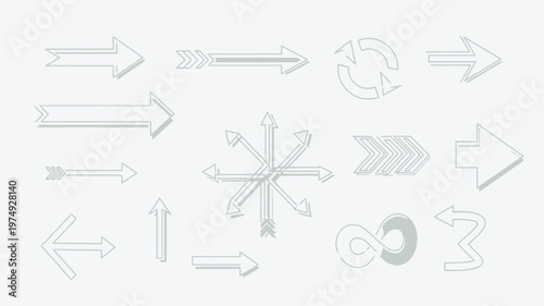 Title collection of gray 3d arrows directional icons for presentations and design description a grayscale image showcasing various 3d arrow icons in